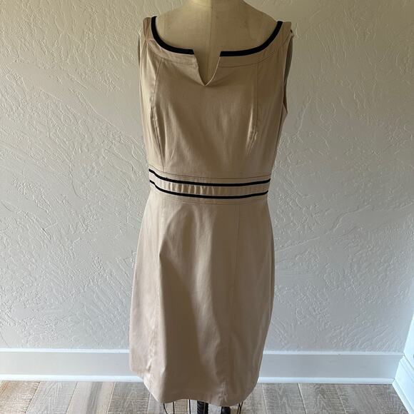 White House Black Market Dresses & Skirts - White House Black Market Khaki Split-Neck Sheath Dress with Black Trim